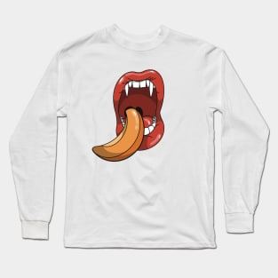 Mouth with vampire teeth about to take a bite into a slice of a peach Long Sleeve T-Shirt